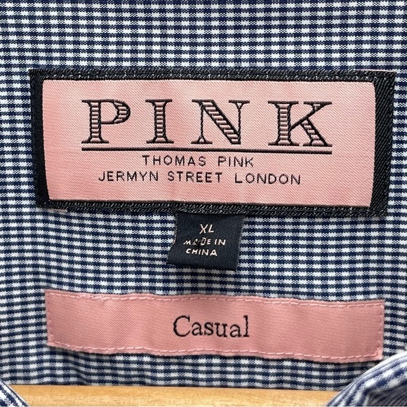 THOMAS Pink Men’s Blue White Plaid Shirt Size XL Short Sleeve Embroidered - Picture 3 of 9